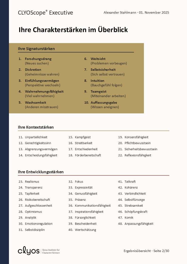 clyos_executive_vorschau_1 Eine vorläufige Ansicht von Seite 1 des CLYOScope Executive Reports für Unternehmen.