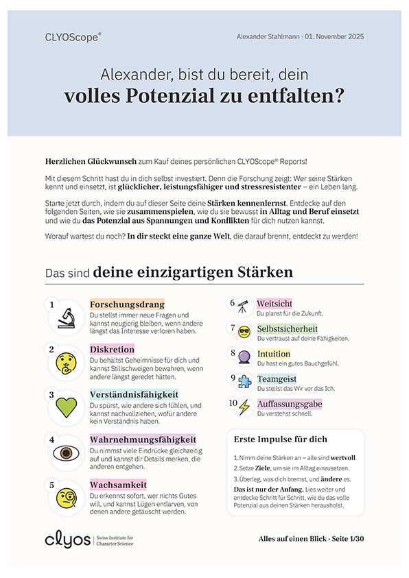 clyoscope_report_beispiel-01 Die erste Seite eines beispielhaften CLYOScope-Reports. Man sieht die zehn einzigartigen Stärken in Übersicht.