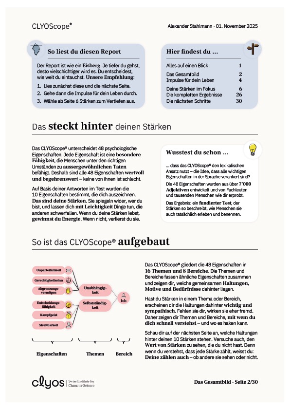 clyoscope_report_beispiel-02 Die zweite Seite eines beispielhaften CLYOScope-Reports. Man erhält eine Anleitung, wie man mit dem Report umgeht.