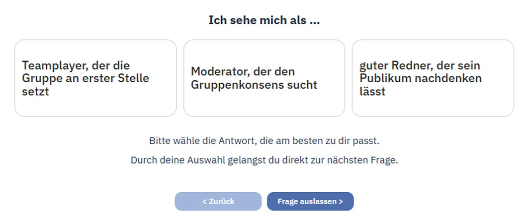Ansicht einer im CLYOScope gestellten Frage. Man hat drei Optionen und muss eine wählen.